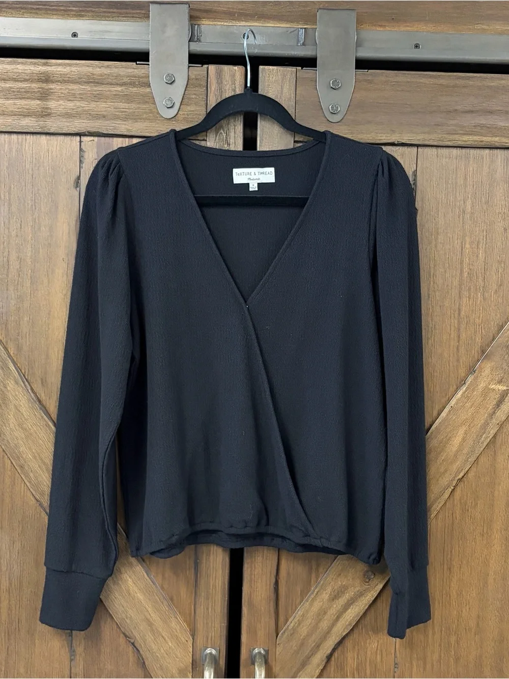 Madewell Texture & Thread Classic Puff-Sleeve Faux-Wrap Top Black Size Medium